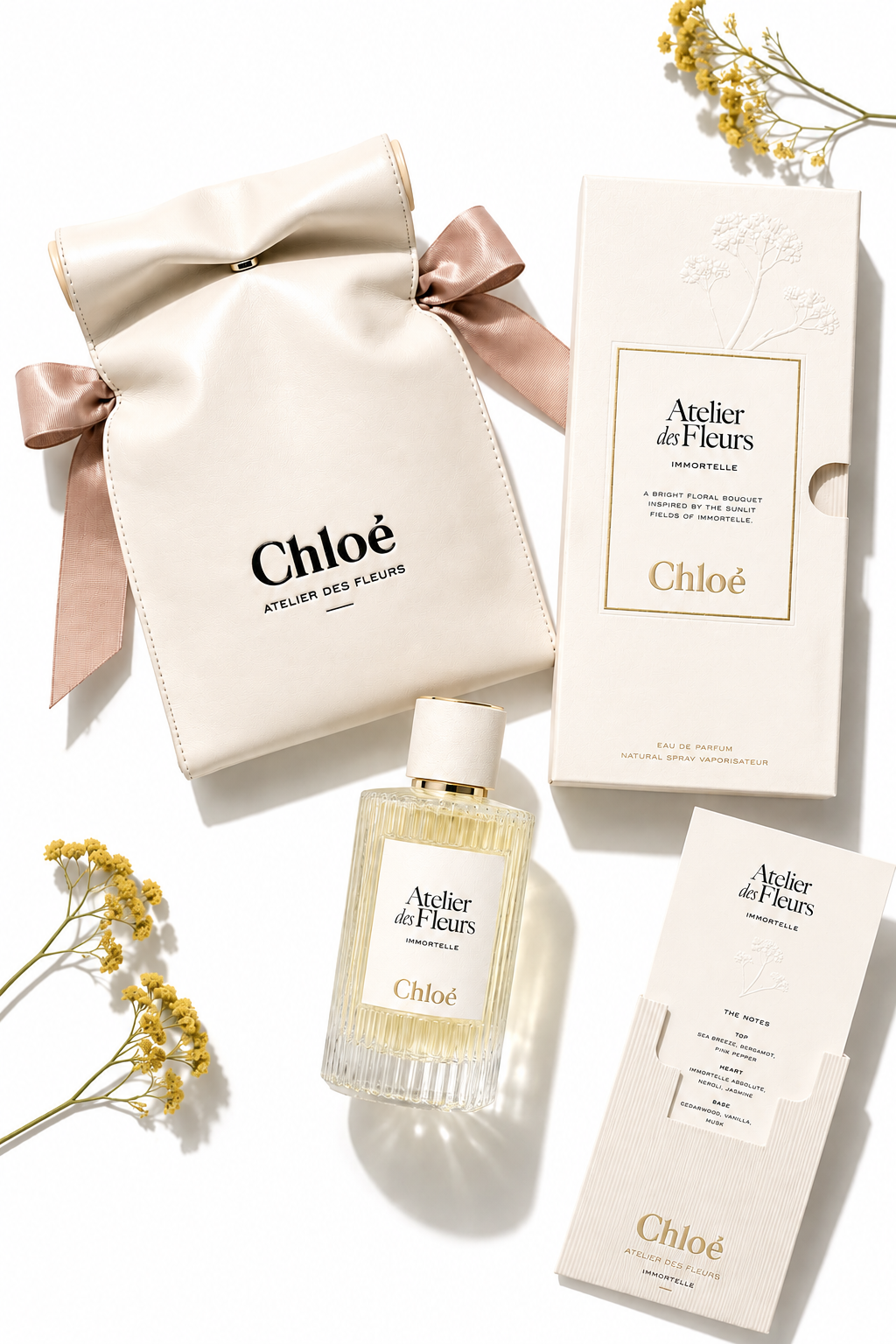Luxury fragrance product photography featuring Chloe Atelier des Fleurs perfume with premium packaging and floral styling