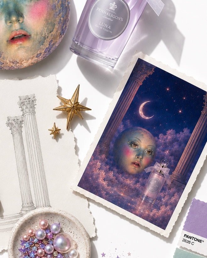 Creative fragrance campaign concept inspired by Penhaligon’s Luna perfume featuring celestial art direction and luxury beauty storytelling