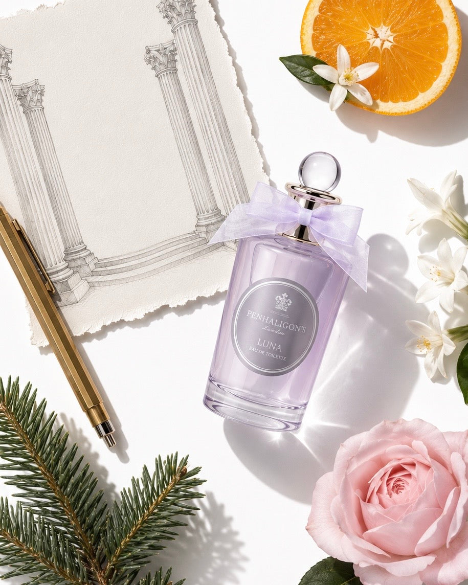 Luxury fragrance art direction and product photography concept for Penhaligon’s Luna perfume featuring scent note storytelling