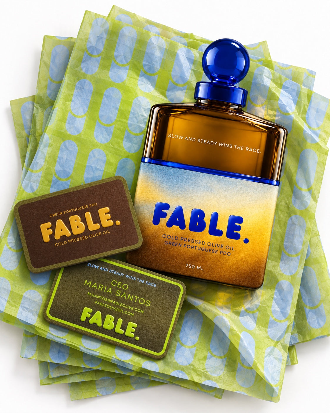 FABLE bottle, cards and printed tissue