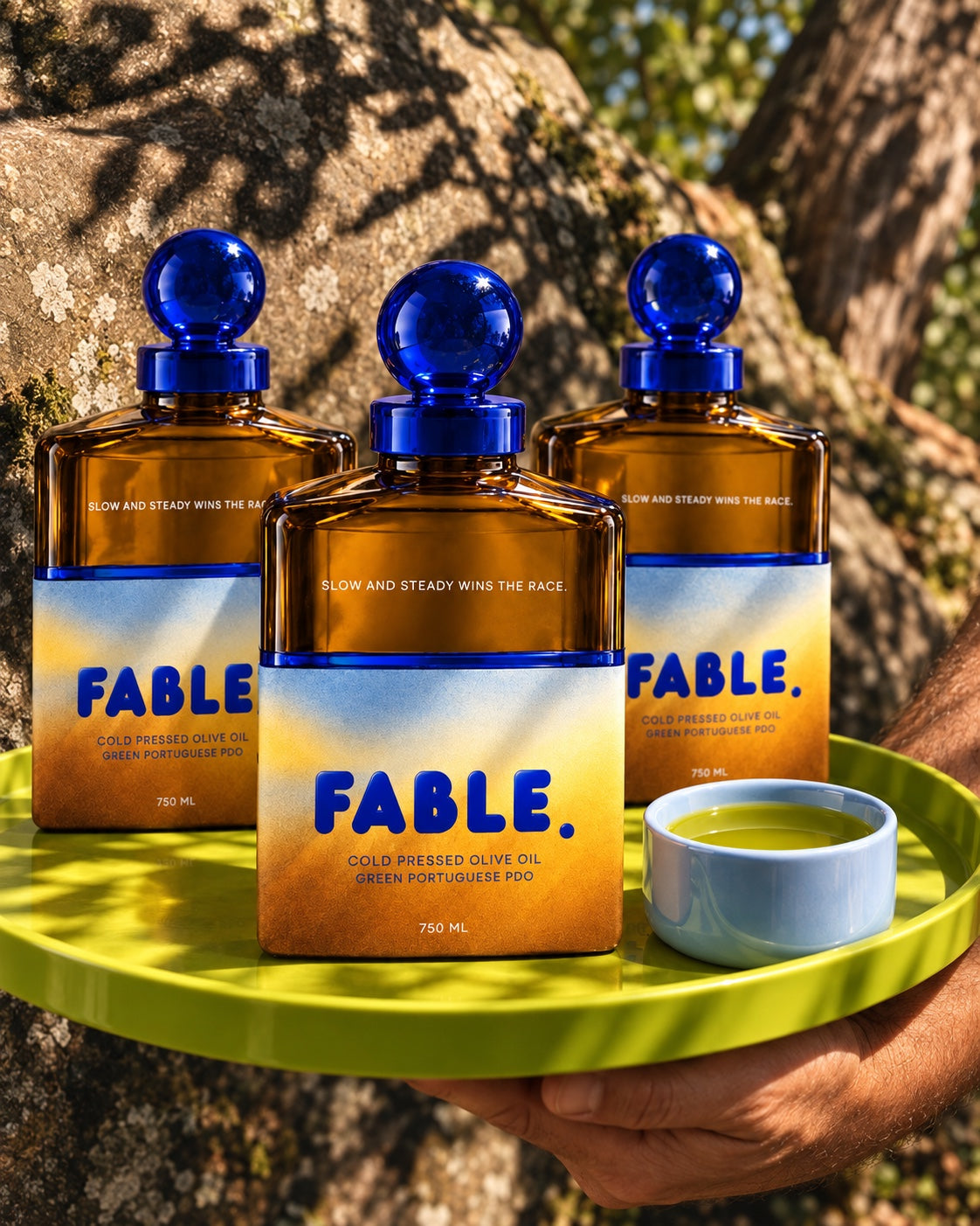 Three FABLE olive oil bottles outdoors